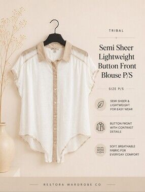 Tribal Semi Sheer Lightweight Button Front Blouse P/S